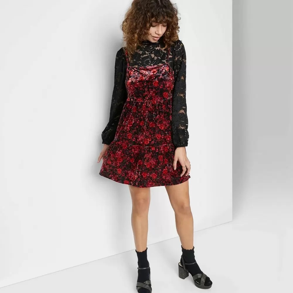 Women’s Floral Print Sleeveless Tiered Velvet Dress- Wild Fable